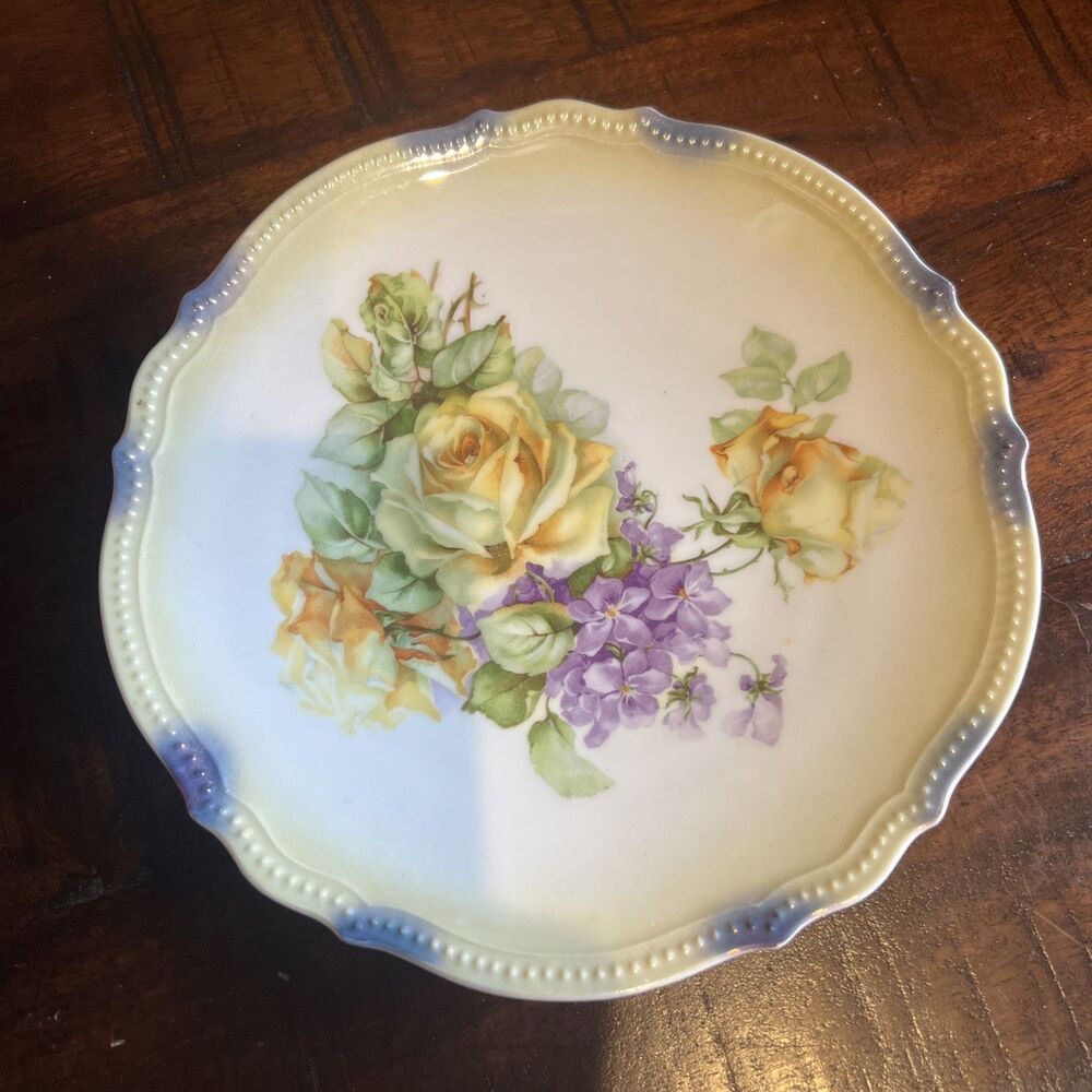 PK Silesia Porcelain Purple Yellow Roses Floral Serving Dish 8”Diameter